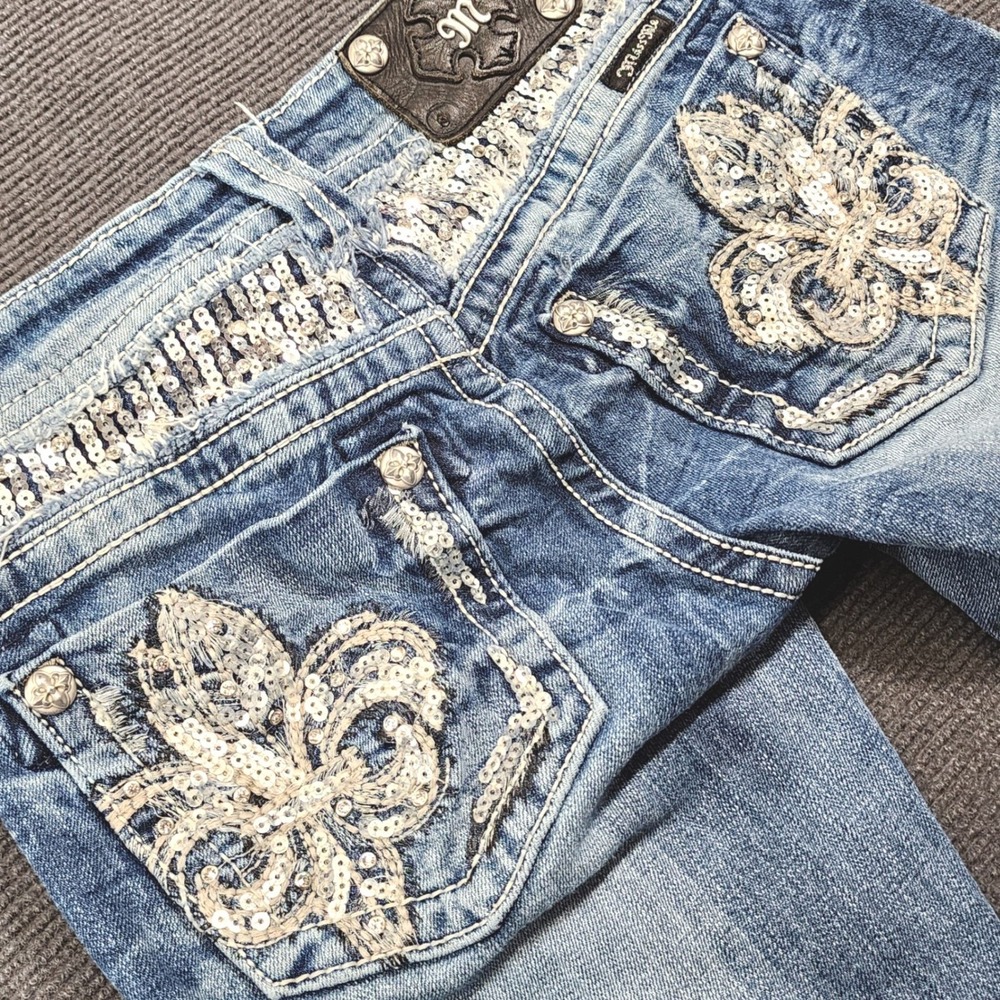 Miss Me Bootcut Jeans Women 26 Blue Sequin Fleur De Lis Embellished Y2K Denim
